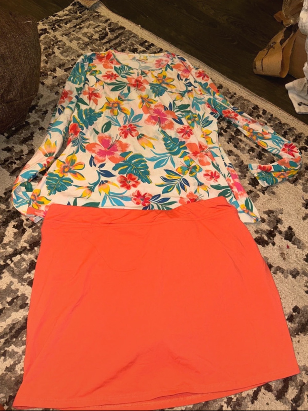 Lands End swim set Floral Long Sleeve Top with Coral Skirt